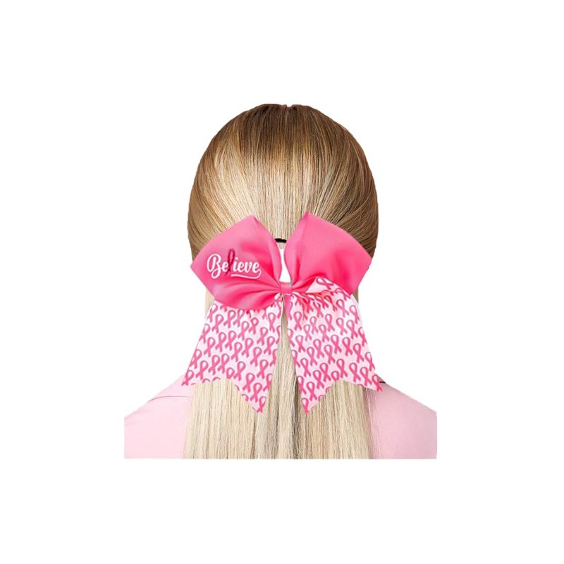 20 Pieces 7 Inch Breast Cancer Awareness Cheer Bows Pink Ribbon Hair Band Elastic Scrunchies Cheerleading with Hair Band Hair Accessories for Teens Women (Believe)