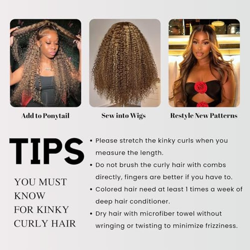 Honey Blonde Highlight Tight Kinky Curly Human Hair Single Bundles, 12A Brazilian Curly Weave Bundles Human Hair 100% Virgin Remy Bundle Ombre #P4/27 Colored Kinky Curly Thick Tracks Sew in 16In
