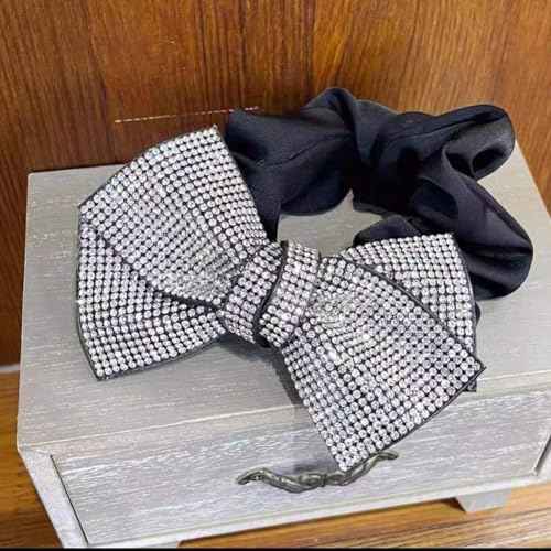 2 Pack Large Rhinestone Bow Scrunchies for Women Girls Shiny Crystal Hairband Ponytail Holders Elastic Hair Ties Hair Accessories (Black)