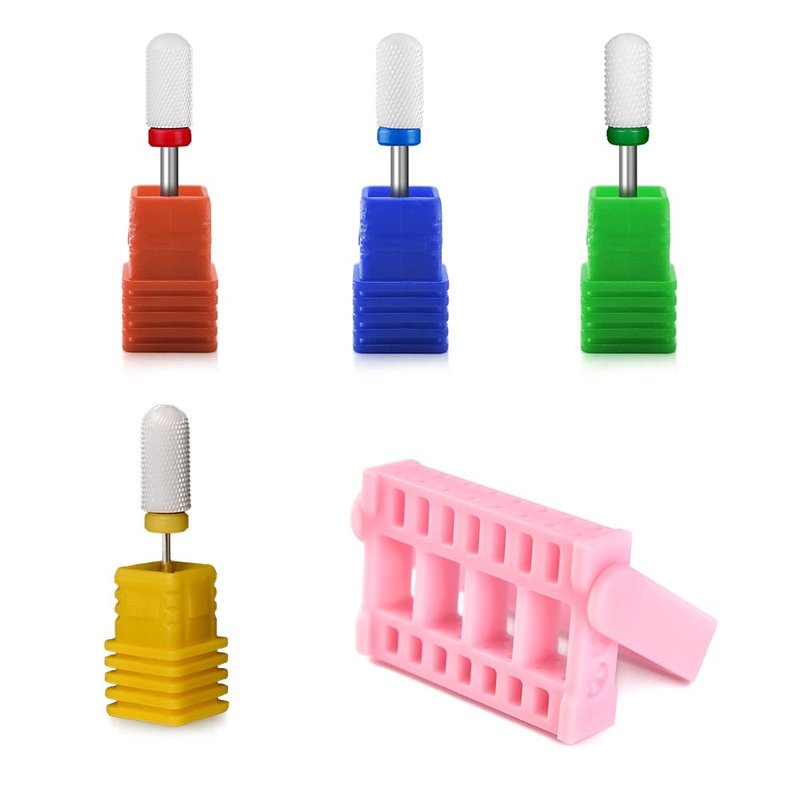 Rolabling 4 pcs Round Head Ceramic Nail Drill Bit with 1 pcs Nail Drill Bit Storage Box For Electric Nail Drill Manicure Machine Accessories Tool (Set)