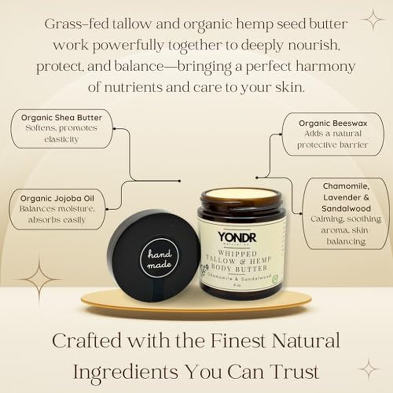 Tallow & Hemp Body Butter ? Whipped Grass?Fed Tallow + Hemp Seed Butter ? Calming Chamomile/Sandalwood/Lavender ? Deep Hydration for Dry & Sensitive Skin (4 oz)