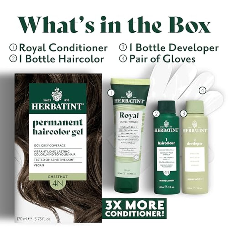 Herbatint Permanent Hair Dye - 4N Chestnut - For Up To 100% Gray Coverage of Resistant Gray Hair - Ammonia-Free, Alcohol-Free & Vegan - Salon Influenced Hair color 5.75 fl oz (4 Pack)