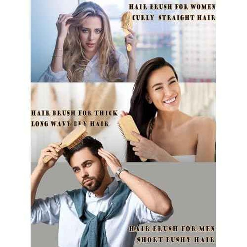 Bamboo Hair Brush for Men Women Detangling Thick Curly Hair, Natural Bamboo Bristles Wooden Paddle Hairbrush with Ergonomic handle for All Hair Types
