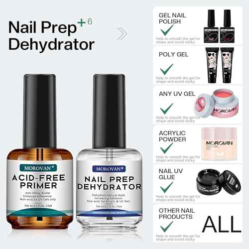 Morovan Professional Natural Nail Prep Dehydrate and Acid-Free Primer, Dehydrator for Acrylic and Gel Nail Polish, Non Acid Primer for UV Gels Fast Dry Superior Bonding Agent Gift Box Set