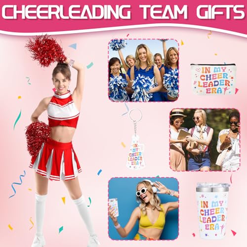 5Pcs Cheerleader Gifts Set for Women Including 12oz Cheer Tumbler, Makeup Bags, 5 Cheerleading Bracelet, Stickers, Keychain for Cheer Team & Lovers