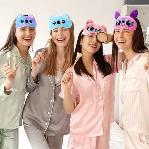 16 Pcs Sleepover Party Supplies 8 Animal Sleep Eye Masks 8 Bow Makeup Headbands Plush Sleeping Eye Mask for Christmas Gift Washing Face Makeup Shower Women