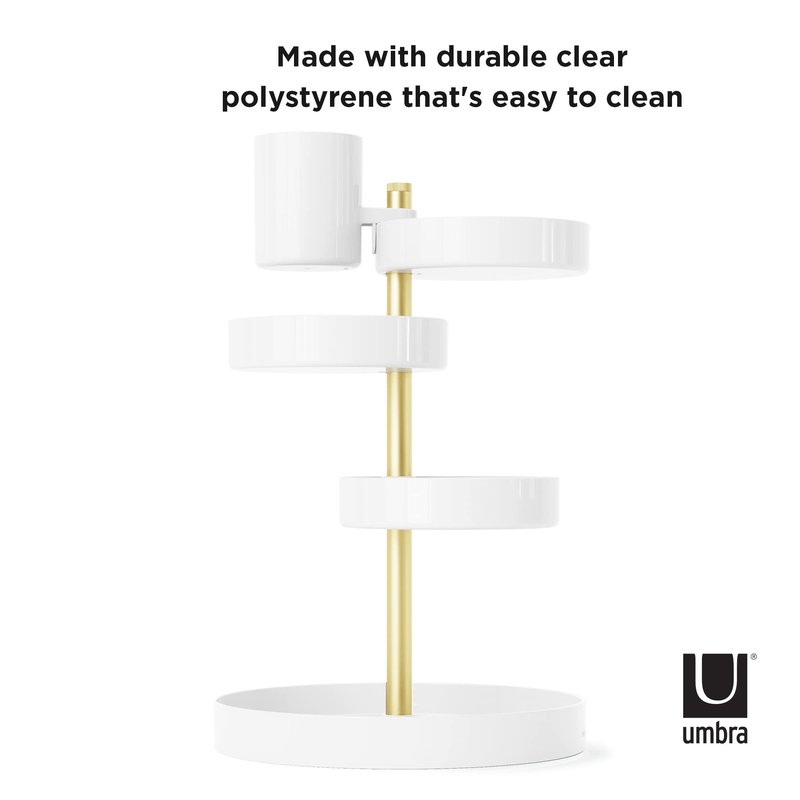 Umbra Pirouette Cosmetic Organizer, Large Capacity Makeup Storage with Adjustable Compartments, White/Brass