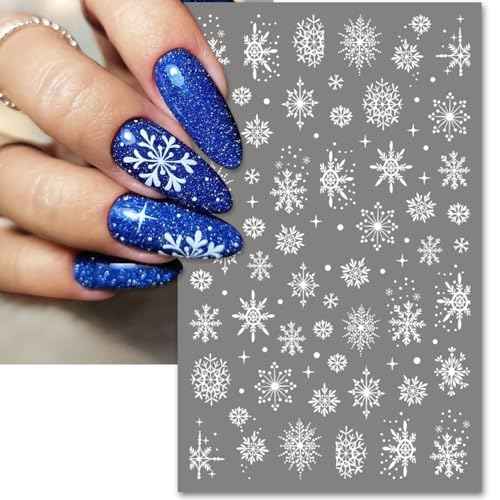 Large Snowflake Nail Stickers, Christmas 3D Self-Adhesive Nail Art Decals - White Snowman Santa Elk Design for DIY Manicure Winter Xmas DIY Nail Decorations (4 Sheets)