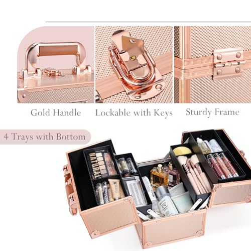 FRENESSA Makeup Train Case Makeup Case Travel Cosmetic Box Organizer Portable Make Up Box with Dividers Lockable for Artist Nail Sewing Vanity Storage Makeup Travel Case Rose Gold