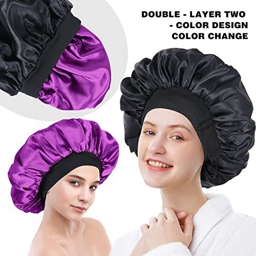 Silk Bonnet for Sleeping Double Layer Satin Bonnet Adjustable Bonnets for Black Women Sleep Cap Reversible Hair Bonnet for Curly Hair (Black and Purple)