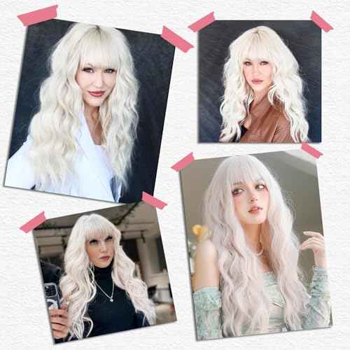 MERISIHAIR Long White Wavy Wig with Bangs 26 Inches Natural Looking Synthetic Heat Resistant Hair Wigs for Women Daily Party Cosplay Wigs
