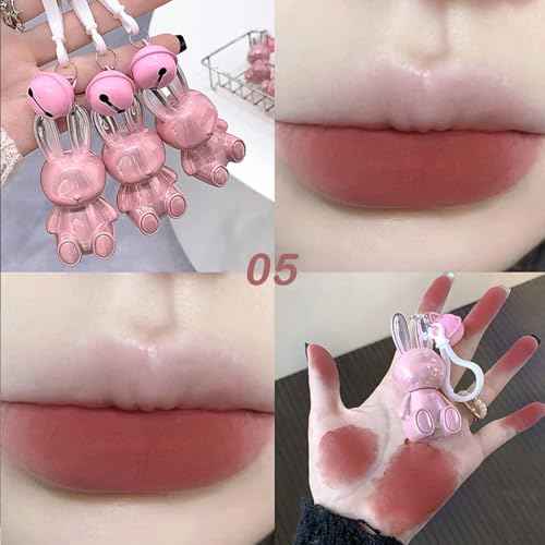 3 Colors Red Pink Brown Cute Bunny Lip Gloss Set,2 IN 1 Liquid Velvet Matte Keychain Lipstick Long Lasting Waterproof Lipstick for Women Girls