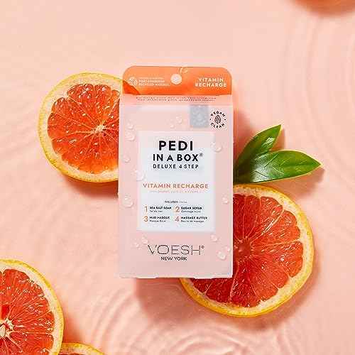 VOESH Pedi in a Box 4 Step Fruity Trio - 3 Pack of Mango Delight, Tangerine Twist & Vitamin Recharge Pedis, Home Pedicure, Vegan Foot Care, DIY Pedi