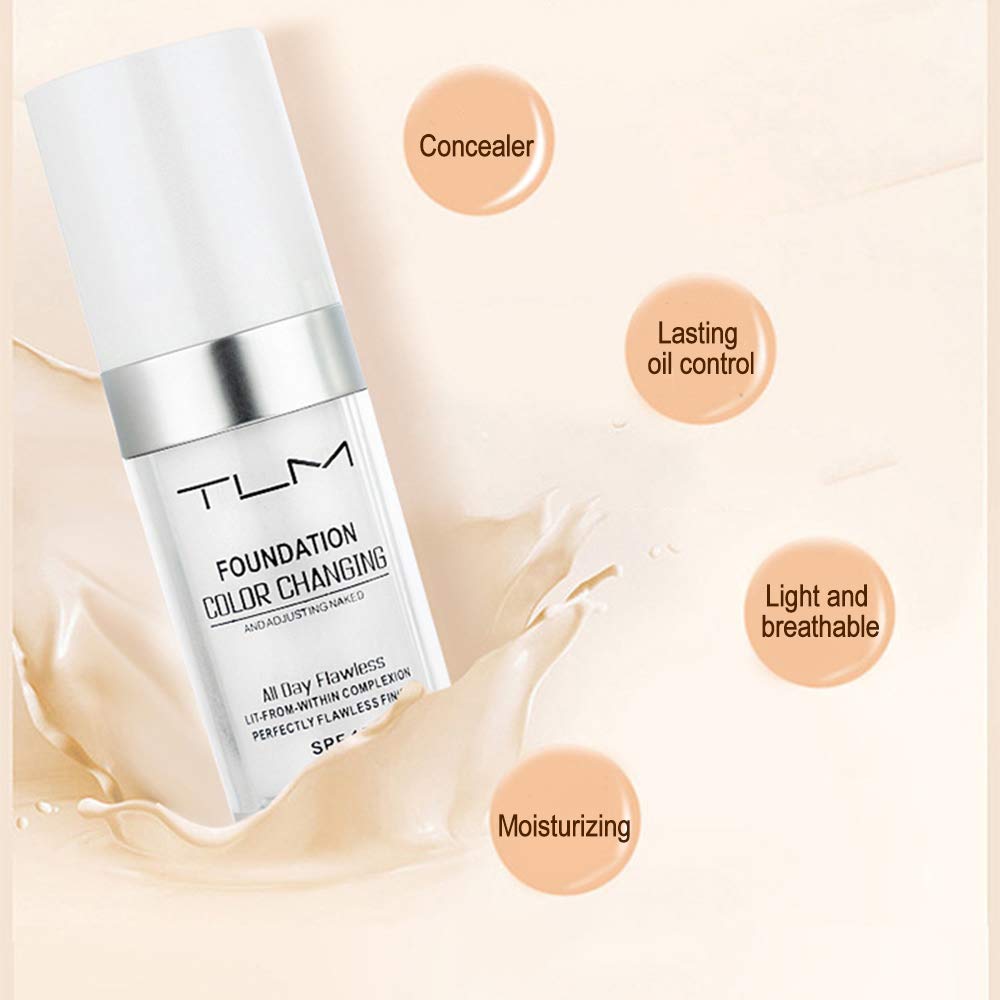 5PCS TLM Colour Changing Foundation Makeup Set Matte Liquid Full Coverage Oil Control Breathable Invisible Cover Concealer Foundation with Face Primer, Foundation Brush, Makeup Sponge