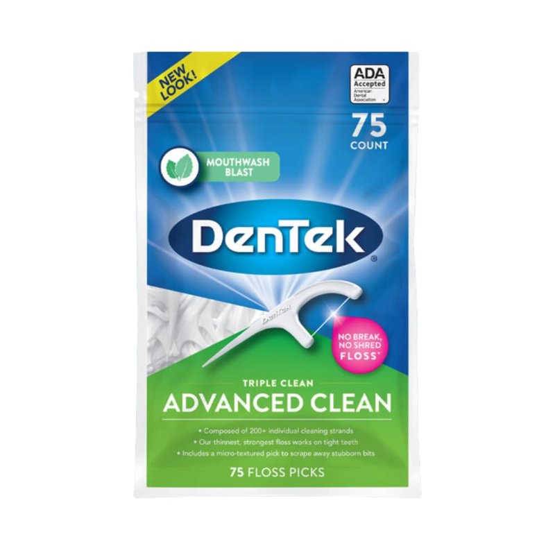 DenTek Advanced Clean Triple Clean Floss Picks, Mouthwash Blast, Dental Flossers for Plaque Removal, No Break No Shred Floss, Oral Care, 75 Count (Pack of 12)