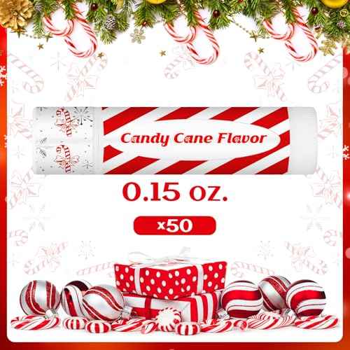 50 Pack Christmas Lip Balms Bulk Christmas Candy Peppermint Cane Scented Holiday Flavor Lip Balm Gifts Xmas Party Gifts Bulk Xmas Items Stocking Stuffers for Women Men Staff Employee (Candy)