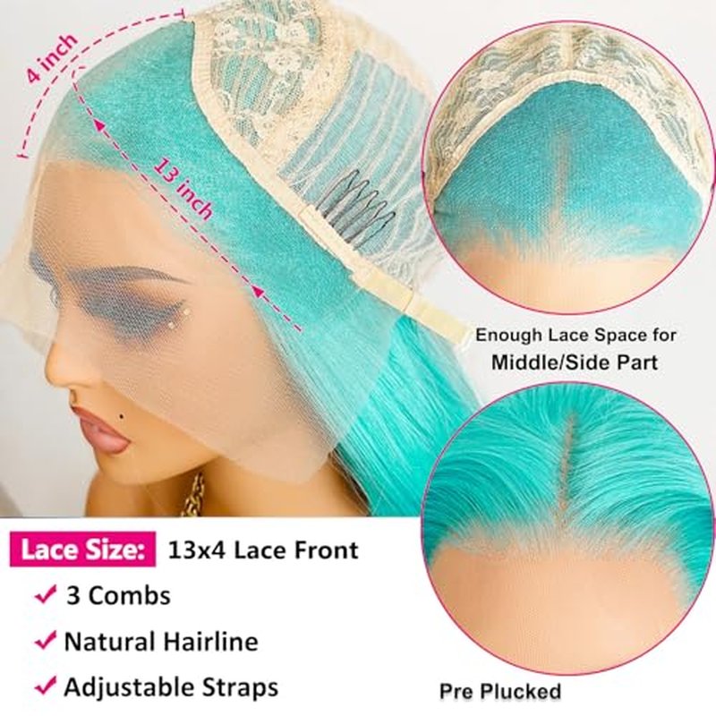 Blue Green Color Synthetic Lace Front Wigs for Fashion Women 24 Inch Long Silky Straight Hair Mint Green Wig 13x4 HD Lace Front Wigs Pre Plucked Hairline