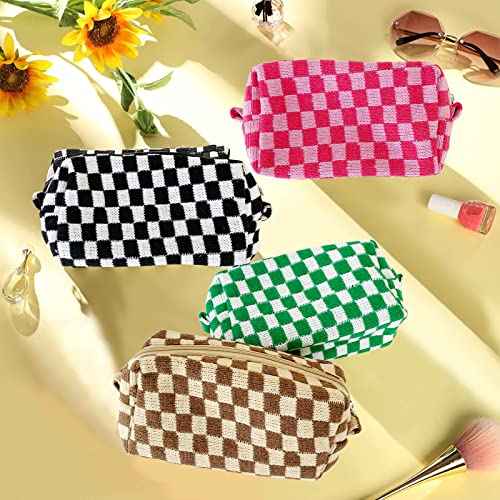 4 PCS Checkered Makeup Bag Cosmetic Bag for Women Checkered Pouch Plaid Makeup Bag for Women Large Capacity Pencil Case Makeup Brushes Storage Bag Travel Toiletry Bag Organizer