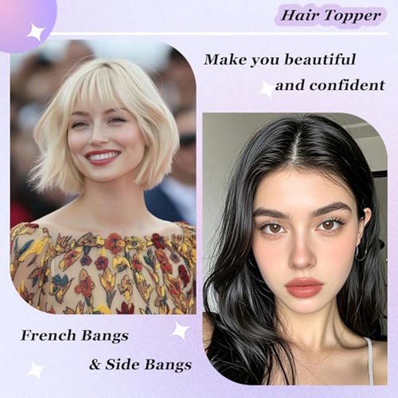 Hair Toppers for Women Real Human Hair£¬ 360¡Æ 3D Cover Hair Topper Clip in Bangs 10 Inch Realistic Scalp Pieces for Women with Thinning Crown (Silver White, Side Bangs)