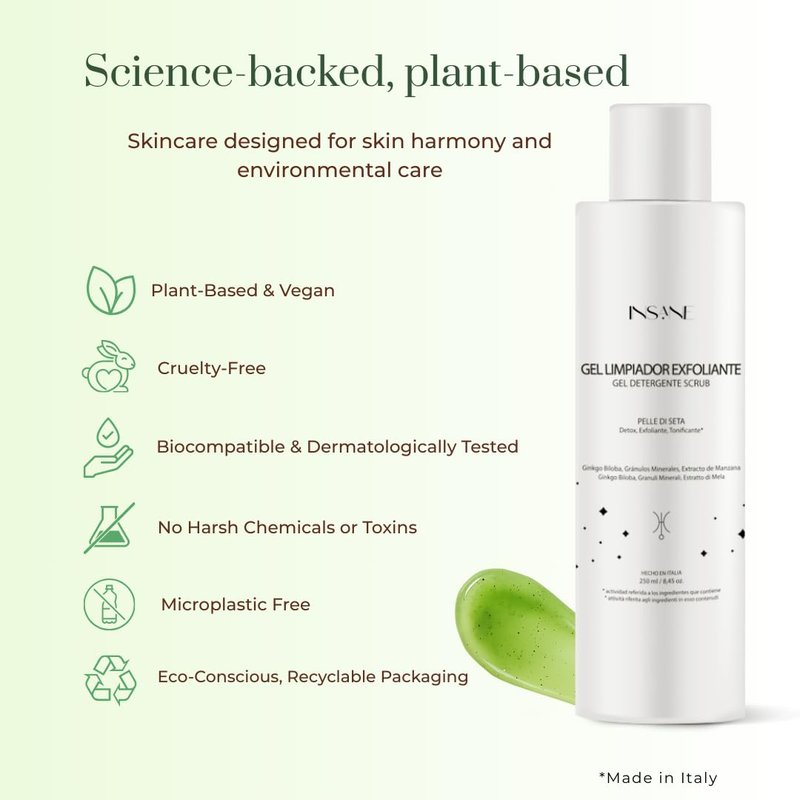 INSANE GLOW Exfoliating Cleansing Gel with Mineral Granules for Sensitive Skin – Purifies Pores, Smooths & Refines Skin with Ginkgo Biloba & Red Algae. Dermatologically Tested, Gentle Daily Use