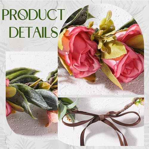 Handmade Fairy Flower Crown - Red Pink Flower Headband with Ribbon Woodland Rose Floral Headpiece for Women Girls Wedding Renaissance Hair Accessories Birthday Party Photo Props