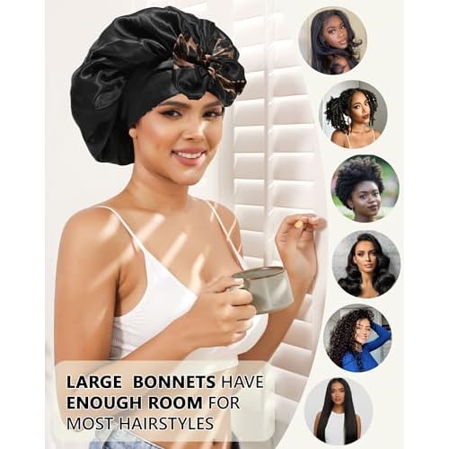 Satin Bonnet Silk Hair Wrap for Sleeping - Reversible Night Cap with Tie Band (Leopard + Black)