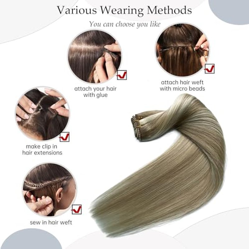 Balayage Ash Blonde to Blonde Highlights Sew in Hair Extensions Real Human Hair, 16 Inch 100G Weft Hair Extensions Human Hair, Hand Tied Weft Hair Extension Human Hair Weave Bundles Sew in Extensions