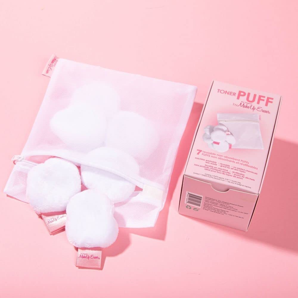MakeUp Eraser Toner Puff 7pc Set, Reusable and Machine Washable Rounds, Laundry Bag Included