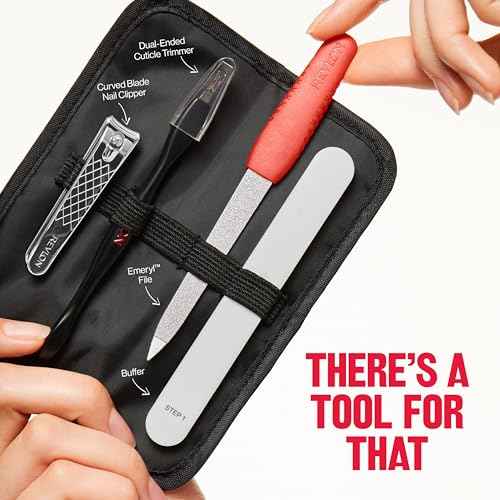 Revlon Manicure Essentials Kit with Travel Case, Nail Care Set with Dual Ended Cuticle Trimmer, Curved Blade Clippers, Compact Emeryl File & Buffer (Pack of 1)