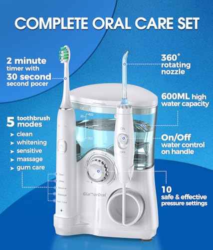 Electric Toothbrush and Water Flosser,600ML Oral Irrigator Water Flosser with 7 Jet Tips,10 Adjustable Pressure Settings,Sonic Electric Toothbrush with 2 Brush Heads,5 Modes(White)