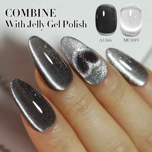 Double Rhythm 0.5 OZ Cat Eye Gel Polish with Magnet 15ML Holographic Glitter Shimmer Translucent Jelly Color Magnetic Polish Salon DIY at Home (Silver-MC1019)