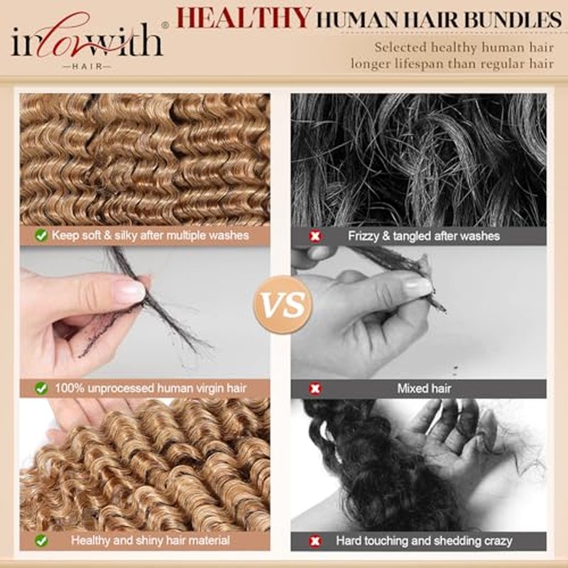 inlovwith Honey Blonde Deep Wave Human Hair Bundles, Selected Healthy Deep Curly Bundles Human Hair 27# Colored Brazilian Virgin Hair Wet and Wavy (Single Bundle, 20 Inches)