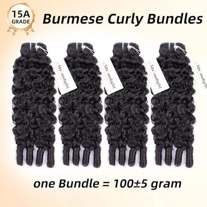 MsSunlight Burmese Curly Bundles Human Hair 18 Inch 100% Unprocessed Quick Weave 15A Water Wave with Spiral Curly End Real Human Hair Extensions Natural Black