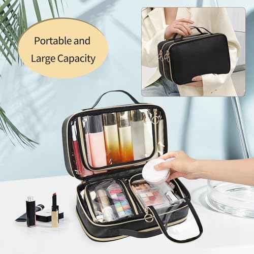 OCHEAL Travel Toiletry Bag, Double Layer Clear Makeup Bag Organizer Large Capacity Cosmetic Bag for Traveling Women Beauty Essentials, Multiple Compartments Makeup Case- Black
