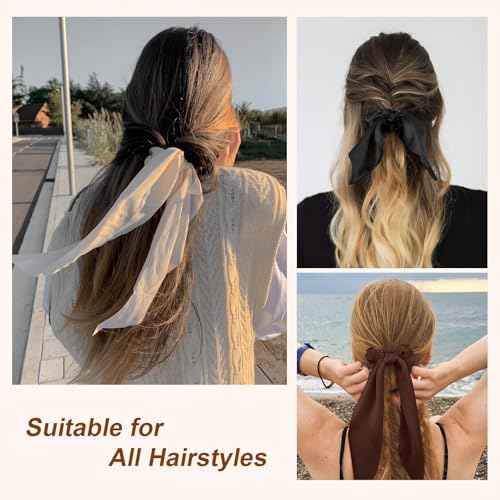 8 PCS Bow Hair Scrunchies Detachable Silky Satin Hair Ties for Women Girls Silk Hair Scrunchies with Long Ribbon Bows Ponytail Holder Elastic Hair Ties Knotted Bow Silk Hair Accessories