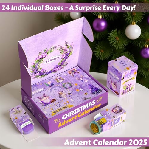 Advent Calendar 2025 Adult Women -24 Days of Christmas Advent Calendar for Mom, Wife, Girlfriend, Sister, Her - Lavender Spa Gifts Basket Set Includes Coffee Mugs, Scented Candle, Bath Salt, Soap