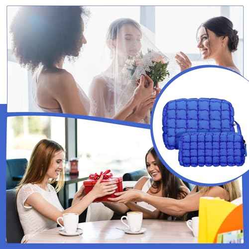 Meanplan 2 Pcs Puffy Quilted Makeup Bag Puffer Cosmetic Bag Travel Solid Cute Organizer Checkered Makeup Pouch for Women