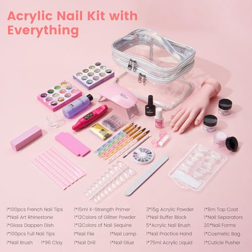 Nail Kit for Beginners with Everything: Professional Nail Acrylic Powder Liquid Set with Practice Hand Drill U V Light in Cosmetic Bag for Women Salon Home (Silver)