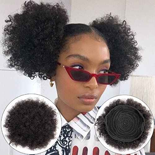 Afro Puff Drawstring Ponytail Human Hair Small Kinky Curly Ponytail Buns Hairpieces 8A Brazilian Virgin Hair Short Clip In Ponytails for Black Women Girls Kids 6 Inch Natural Black