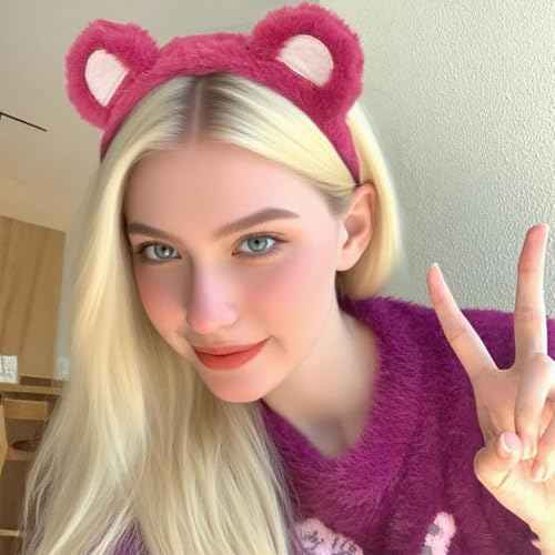 Wittocs Rose Red Bear Ears Headband Plush Bear Ear Headwears for Women Girls Makeup Headband Cute Fashion Fluffy Soft Face Washing Headbands New Year Halloween Valentines Day Hair Hoop