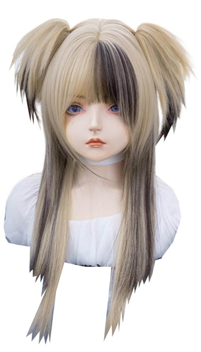 VVRPWASSLY Women Linen Highlights Coffee Wig Clip on Pigtails Long Straight Hair with Bangs Synthetic Wig for Daily Party