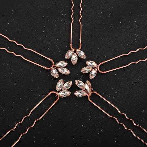 Teyglen 5pcs Crystal Bride Wedding Hair Pins for Bride Sparkly Blue Red Green Crystal Hair Clips Pins for Women Girls Party Prom (Rose Gold)