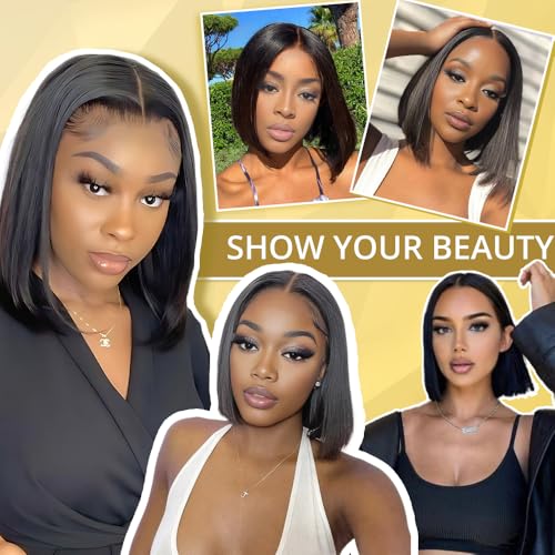 Bob Wig Human Hair 14 inch Glueless Wigs Human Hair Pre Plucked Pre Cut 9x6 HD Lace Front 200% Density Glueless Wigs Human Hair Short Straight Bob Wigs for Black Women