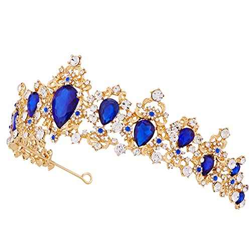 Audrey Descendants Costume Crown, Vofler Gold Tiara Royal Blue Crystal Headband Accessories for Women Queen Girl Bride Princess Quinceanera Birthday Wedding Pageant Prom Homecoming Halloween Party