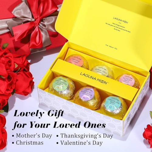 Lagunamoon Bath Bombs Gift Set, 6 Piece XXL Handmade Fizzy Shower Bombs with Essential Oils, Coconut Oil to Moisturize Dry Skin - Relaxing Spa Day for Women, Men, Kids - Birthday, Anniversary