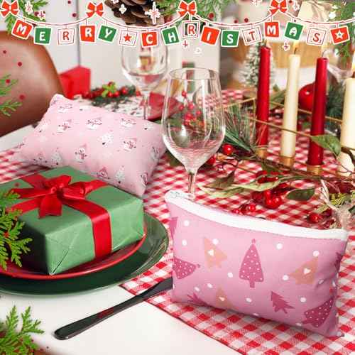 40 Pcs Pink Christmas Theme Makeup Bags Bulk Xmas Trees Snowman Snowflake Zipper Pouch Purse Christmas Cosmetic Gifts Xmas Party Favors for Women Employee Gifts Coworker Nurse Teachers