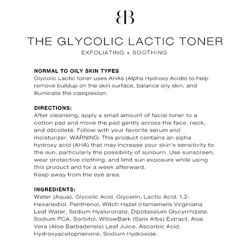 Biba De Sousa The Glycolic Lactic Toner - Exfoliating Toner with AHA, Hyaluronic Acid, and Aloe Vera - Illuminates Skin Complexion Without Excessive Drying (8 oz)
