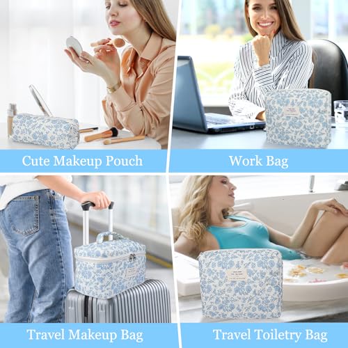 Makeup Bag Set, Quilted Makeup Bag, Large Floral Cosmetic Bag for Women, Cute Cotton Makeup Bags, Flower Travel Toiletry Organizer Bag (Black Rose Flower)