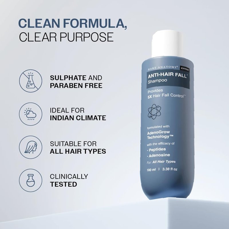 Bare Anatomy Anti-Hair Fall Shampoo | Provides 5x Hair Fall Control | pH 4.6 | Adenosine & Peptides | Strengthens Weak Roots & Reduces Breakage | Sulphate & Paraben Free | Unisex | 100ml