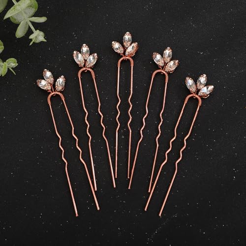 Teyglen 5pcs Crystal Bride Wedding Hair Pins for Bride Sparkly Blue Red Green Crystal Hair Clips Pins for Women Girls Party Prom (Rose Gold)